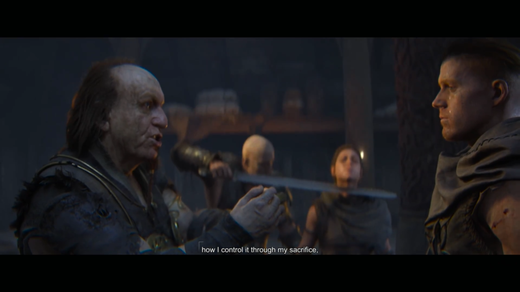 Лысый мужчина говорит с воином в помещении