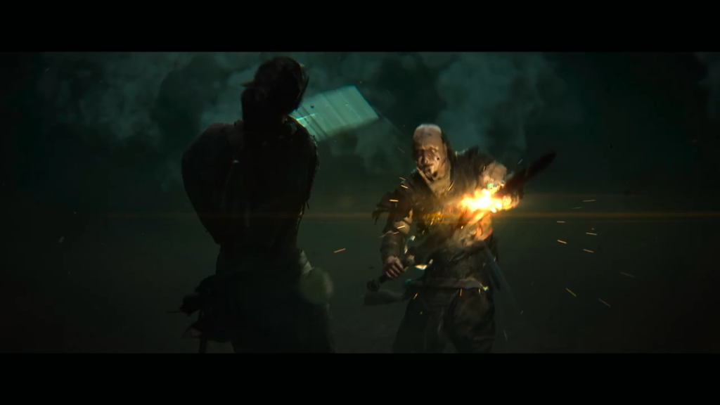 Силуэт женщины целится в мужчину с огнём в тумане