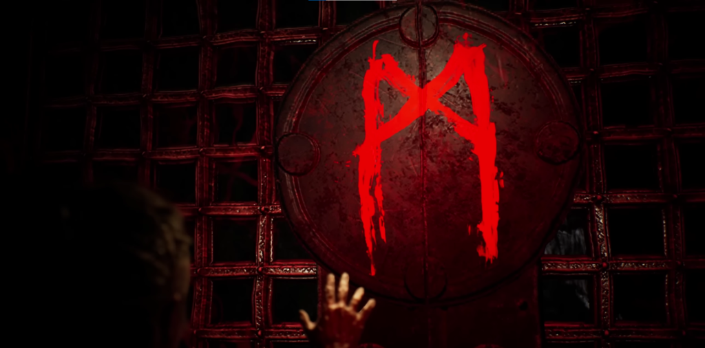 Рука тянется к двери с красной руной