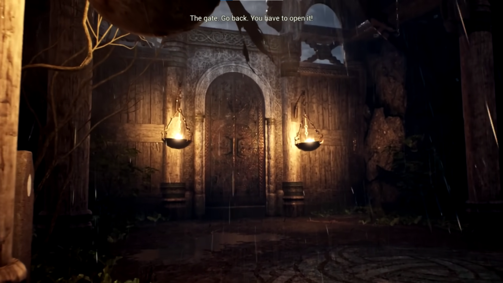 Деревянные ворота освещены факелами во время дождя