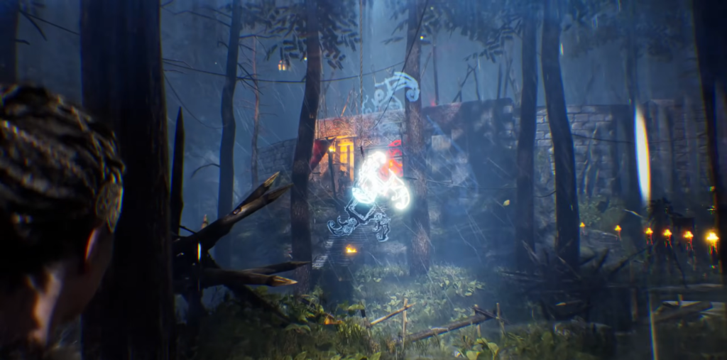 Player character facing “Follow trail to Jericho” objective indoors