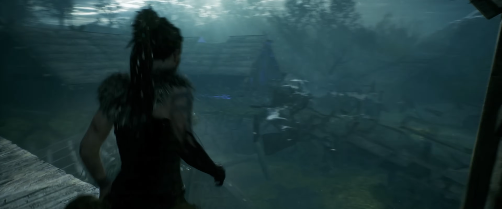 Сенуа смотрит на деревню в тумане, Hellblade