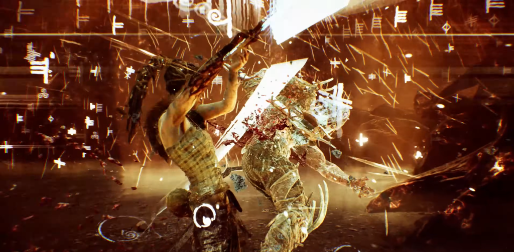 Сенуа из Hellblade сражается с воином в пещере