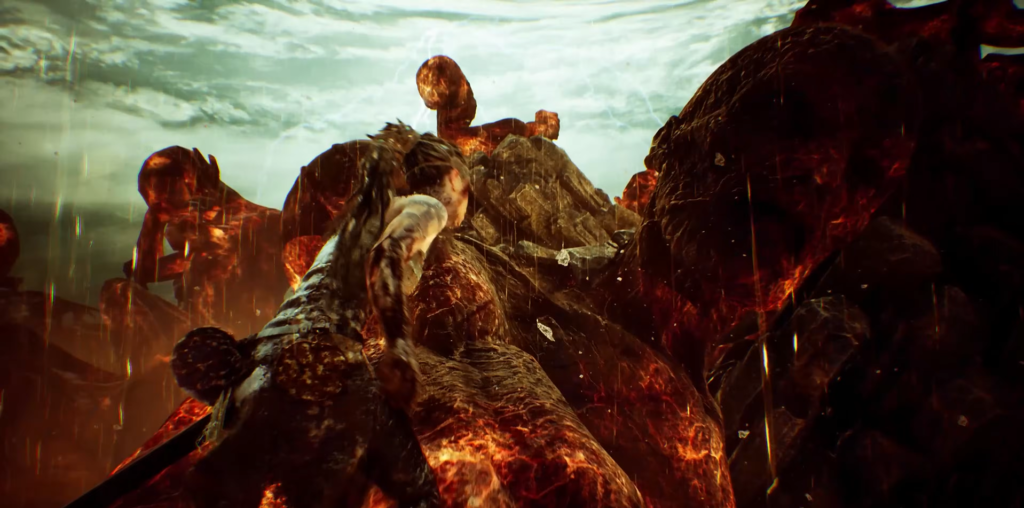 Сенуа из Hellblade карабкается по лавовым скалам под дождём