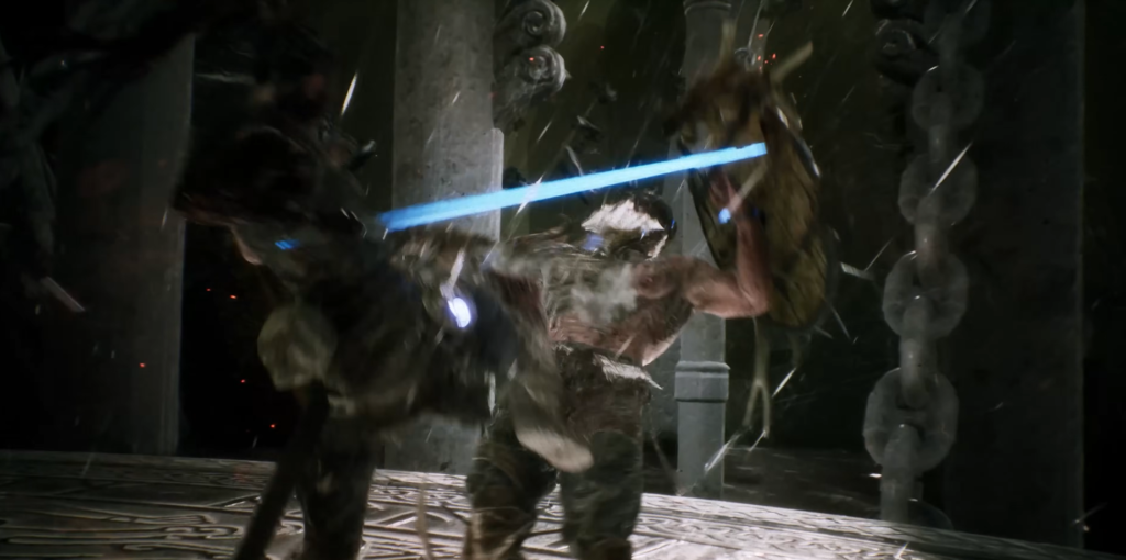 Woman stands on snowy porch beside holiday wreath