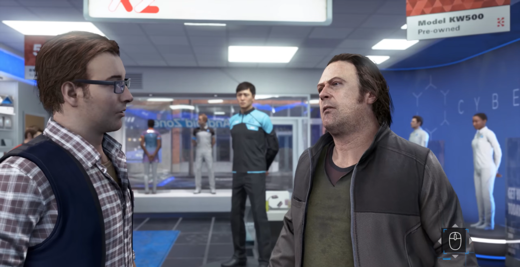 Два мужчины разговаривают в магазине CyberLife, Detroit: Become Human