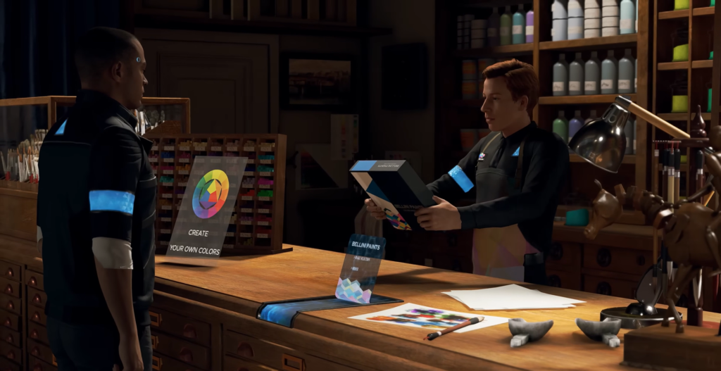 Коннор из Detroit: Become Human покупает краски в магазине