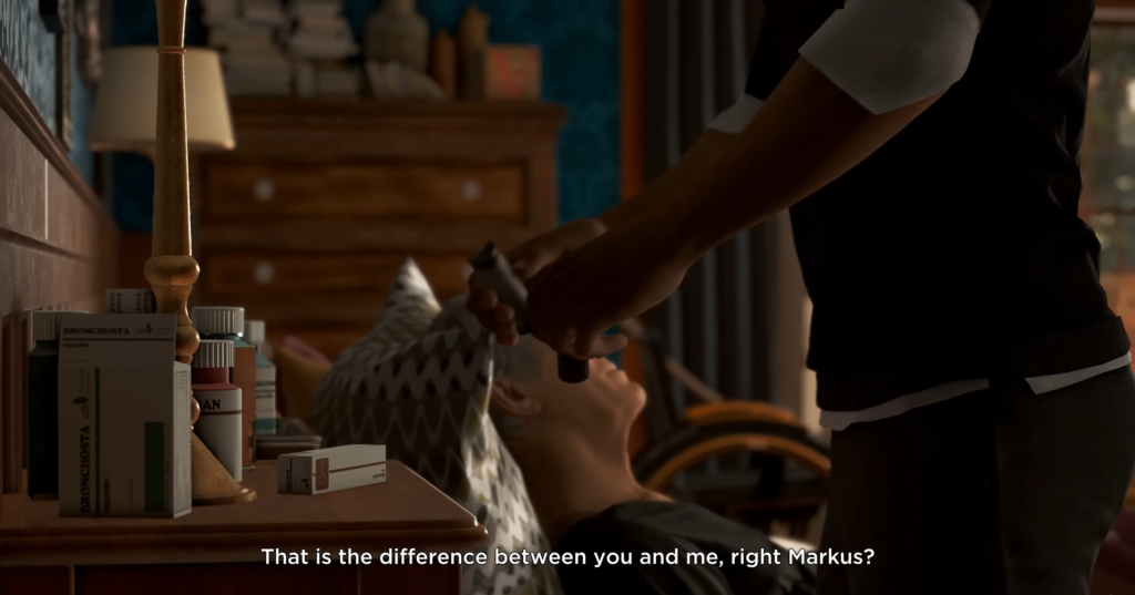 Мужчина держит пистолет у головы в комнате