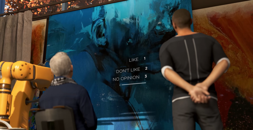 Мужчина и пожилой мужчина смотрят на картину в галерее