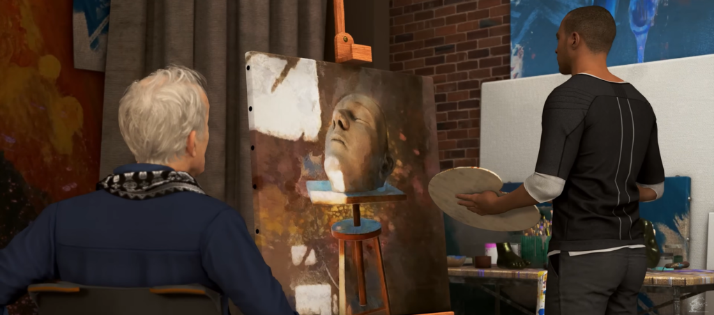 Художник рисует голову на мольберте в студии