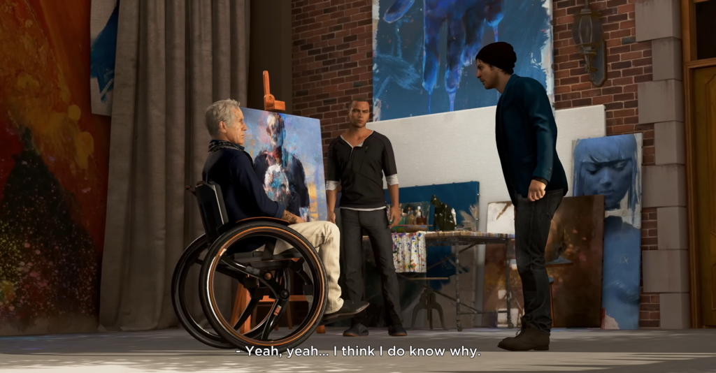 Трое мужчин разговаривают в художественной студии с картинами