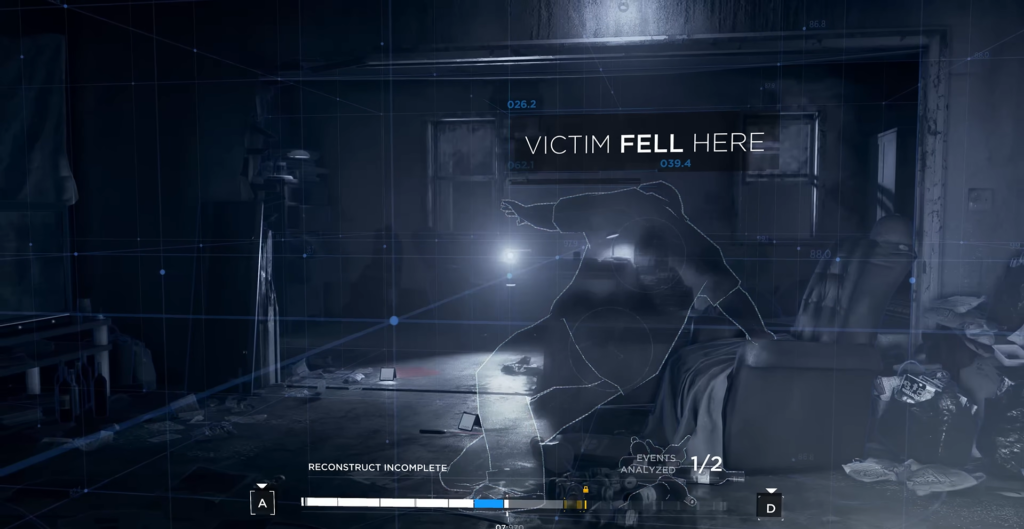 Силуэт жертвы падает в комнате, интерфейс расследования Detroit: Become Human