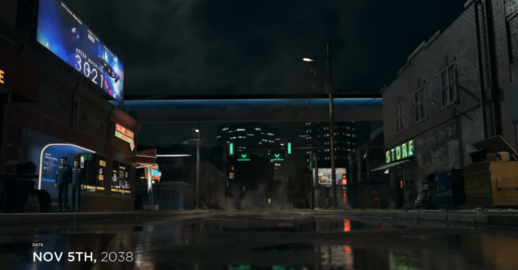 Два андроида стоят на ночной улице под дождем