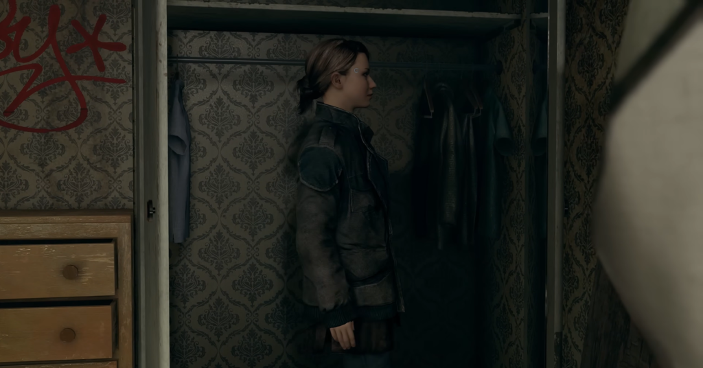 Кара стоит в шкафу среди одежды, Detroit: Become Human