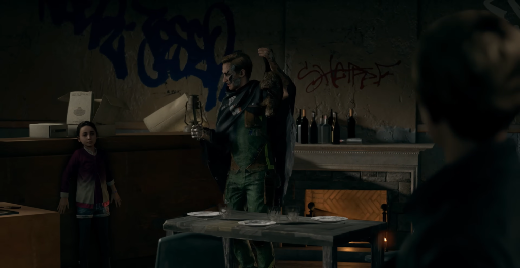 Мужчина держит фонарь в комнате с граффити