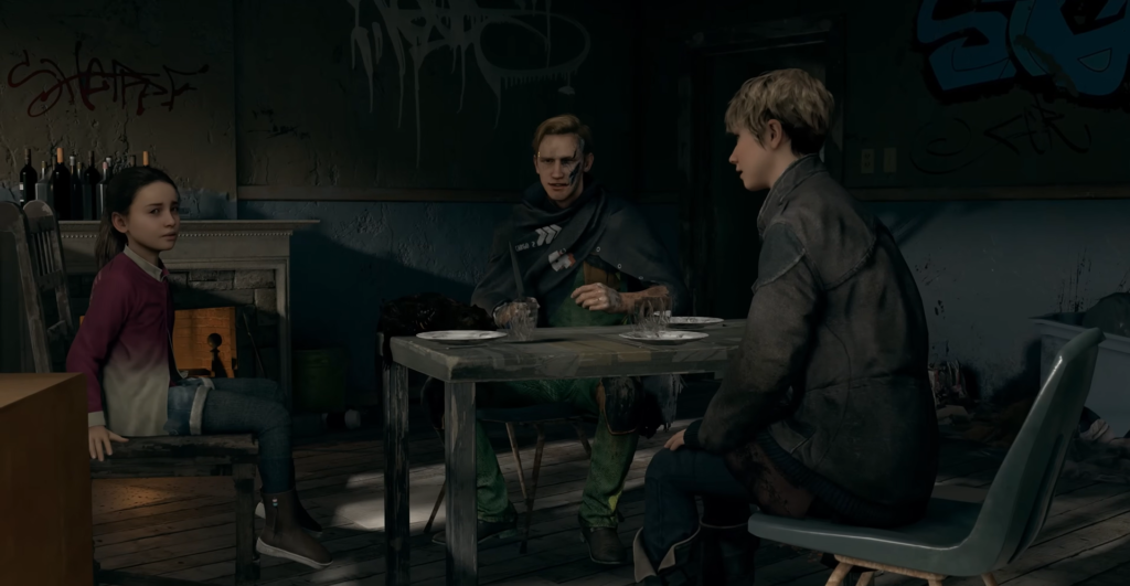 Трое людей сидят за столом в комнате