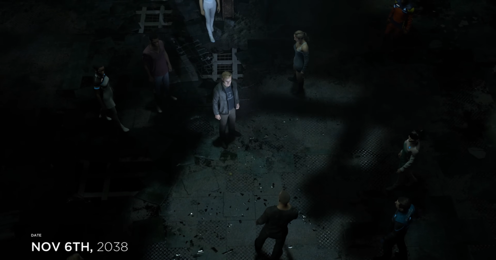 Коннор из Detroit: Become Human стоит среди людей в темноте