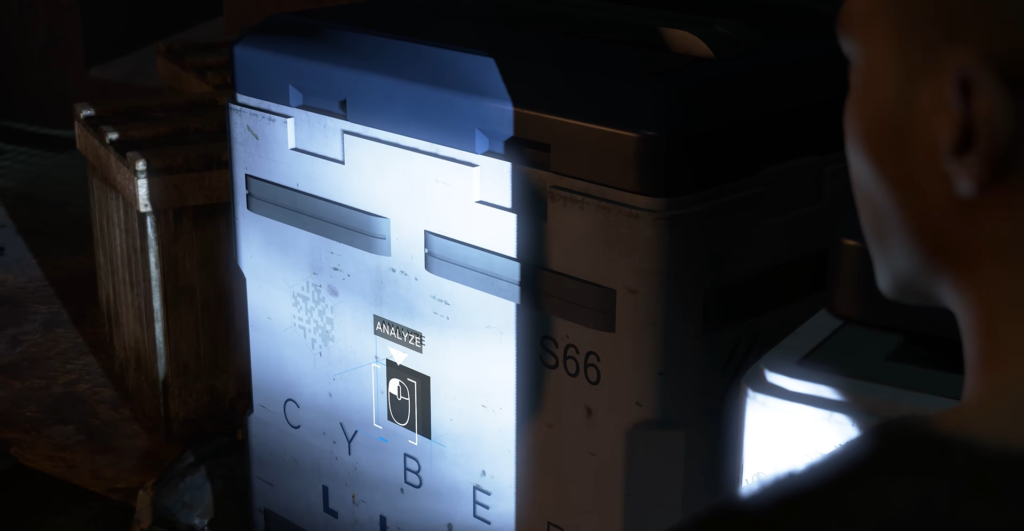 Курсор анализирует белый контейнер в темном помещении