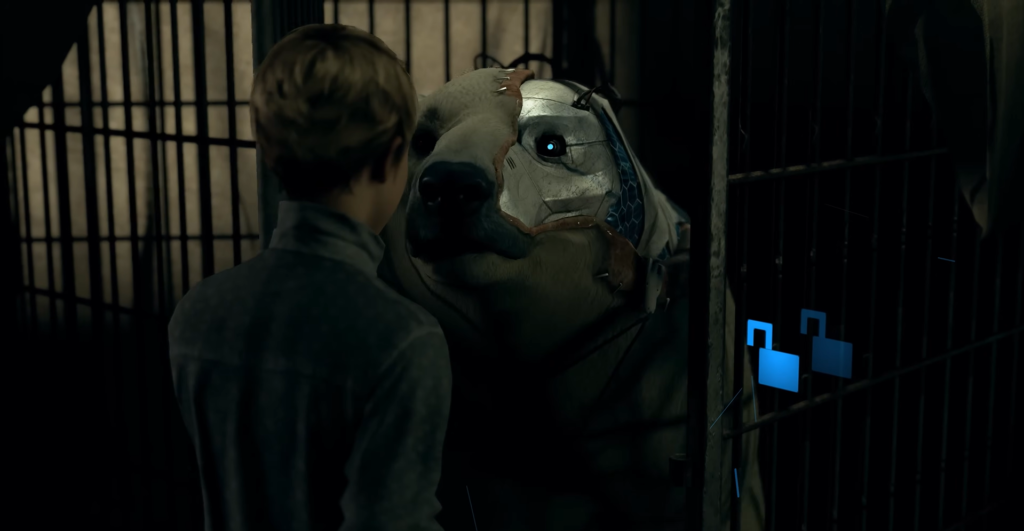 Мальчик смотрит на робота-медведя в клетке