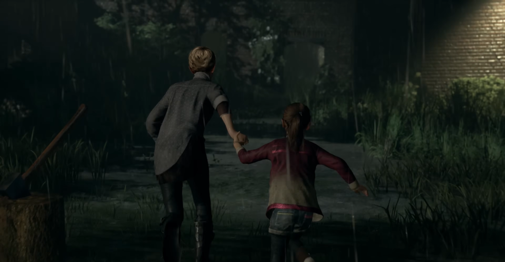 Девочка и женщина бегут по дороге под дождём