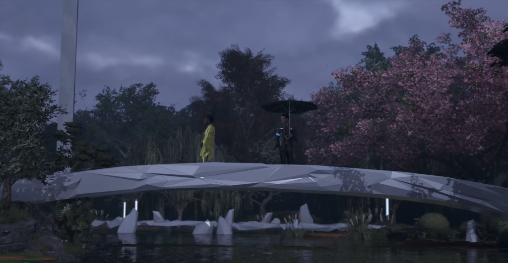 Двое стоят на мосту с зонтом в парке