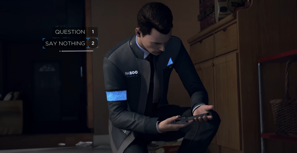 Коннор Detroit: Become Human держит пистолет на кухне