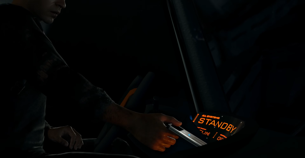 Человек держит пистолет у панели STANDBY в салоне