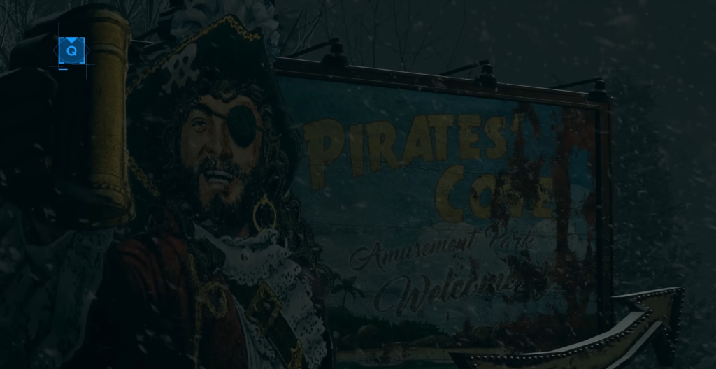 Пират на билборде рекламирует Pirates Cove в снегу