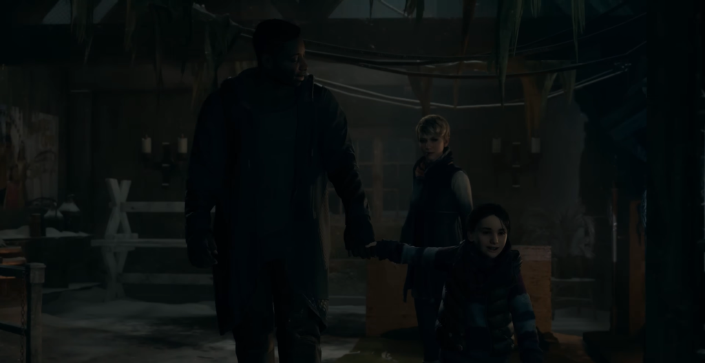 Мужчина ведет девочку за руку в помещении