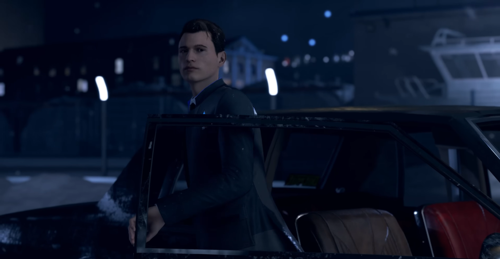 Коннор из Detroit: Become Human выходит из машины ночью
