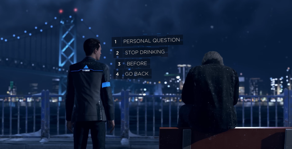 Коннор из Detroit: Become Human разговаривает на мосту ночью