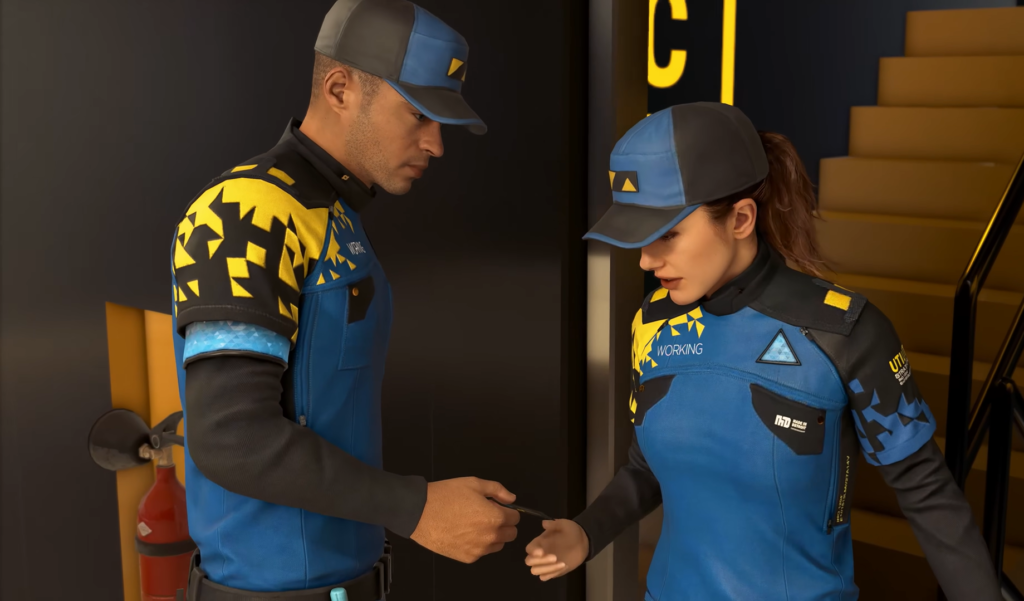 Два работника в синей форме обмениваются картой у лестницы