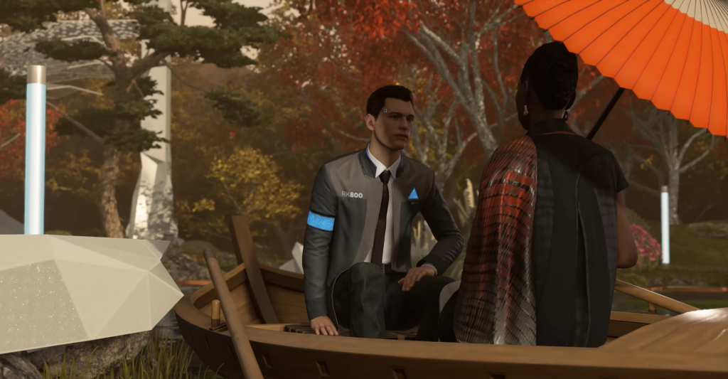 Коннор Detroit: Become Human сидит в лодке в парке