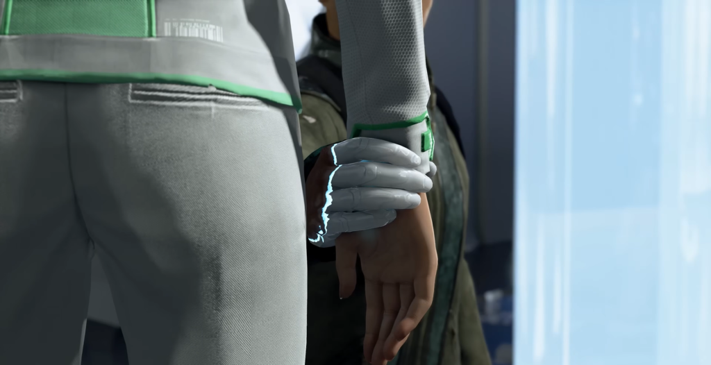 Рука андроида держит руку человека в комнате