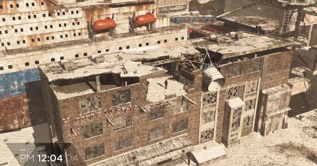 Человек стоит на крыше разрушенного кирпичного здания зимой