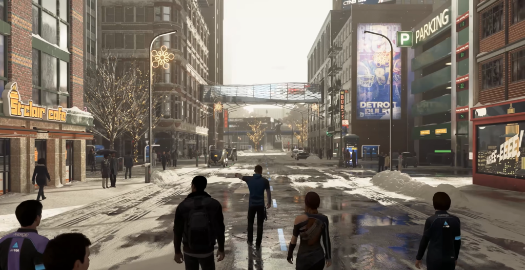 Люди идут по заснеженной улице Детройта днём
