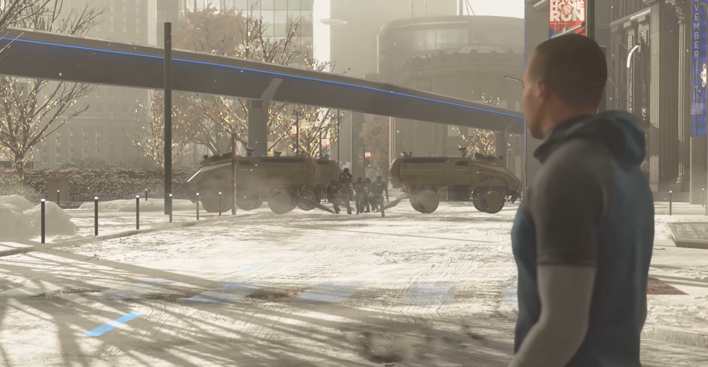 Мужчина смотрит на бронемашины на заснеженной улице