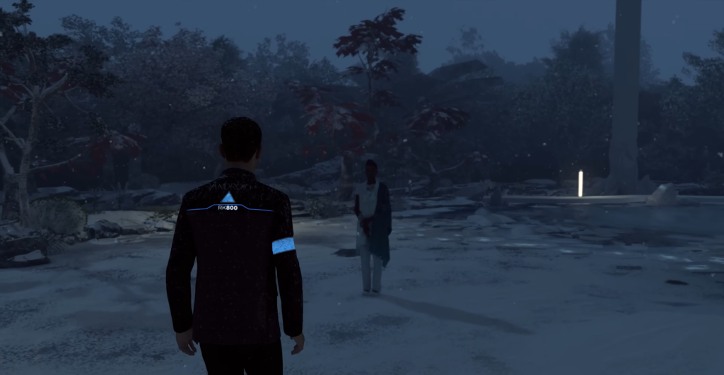Коннор Detroit: Become Human идет по снегу ночью