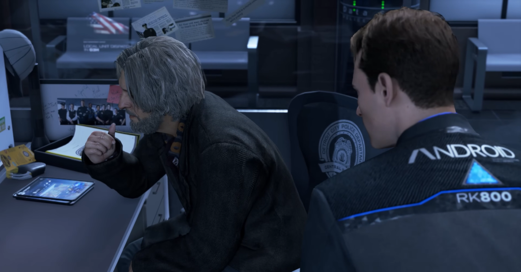 Хэнк Андерсон и Коннор Detroit: Become Human смотрят планшет в офисе