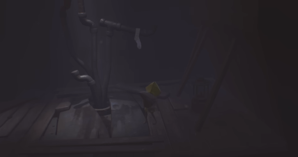 Шестая из Little Nightmares стоит у труб в комнате
