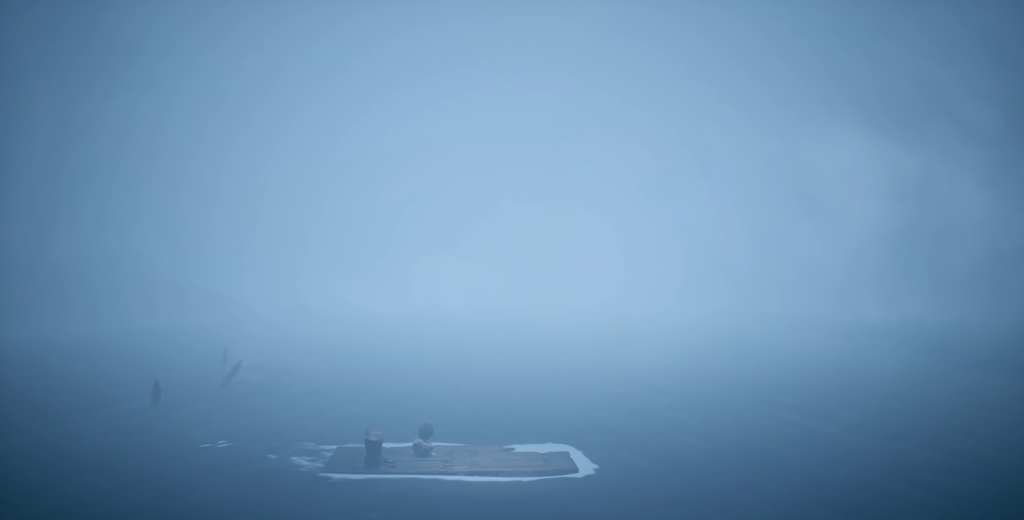 Мальчик плывёт на плоту в тумане