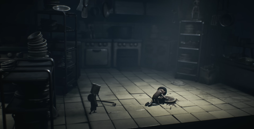 Шестой тянет крюк к мальчику на кухне Little Nightmares