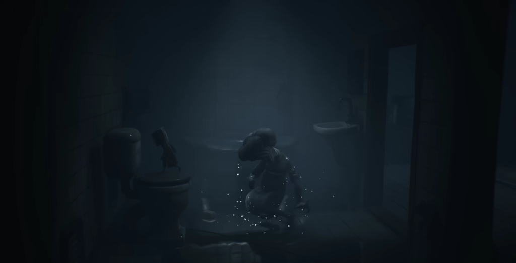 Фигура на коленях в темной ванной комнате