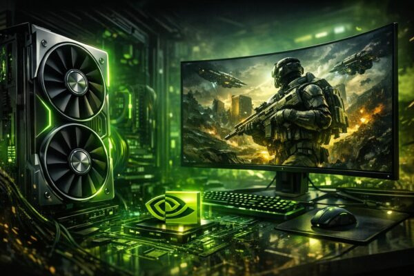 Игровой ПК с видеокартой NVIDIA рядом с монитором