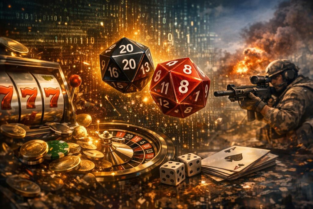 Солдат целится, игральные кости и казино на фоне взрыва