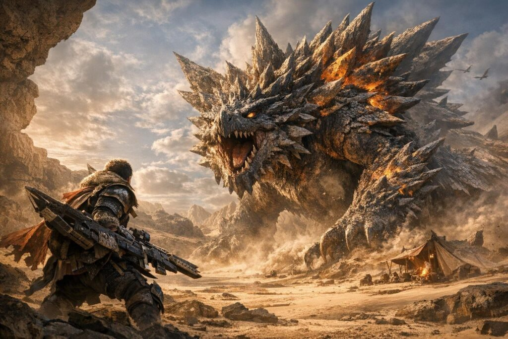 Охотник целится в дракона в пустыне у лагеря