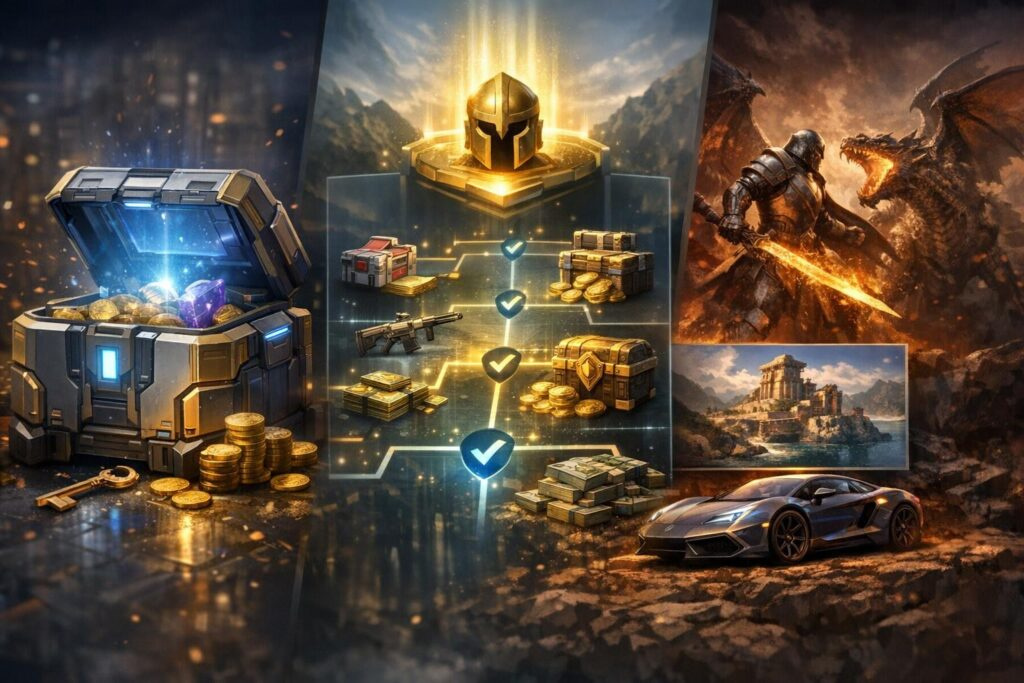 Игровые награды с сундуками, монетами и рыцарем с драконом