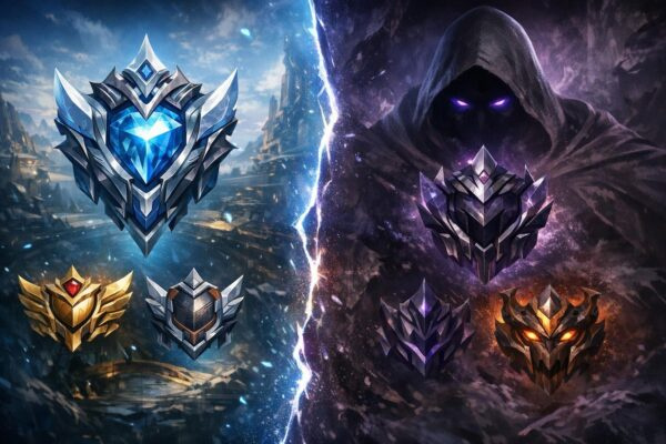 Ранговые эмблемы League of Legends на фоне разлома