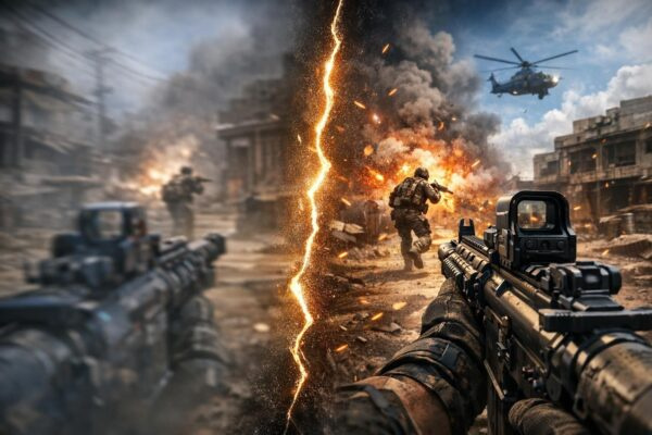 Солдат стреляет в городе на фоне взрыва и вертолёта