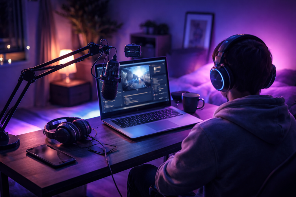 Человек в наушниках стримит за ноутбуком дома